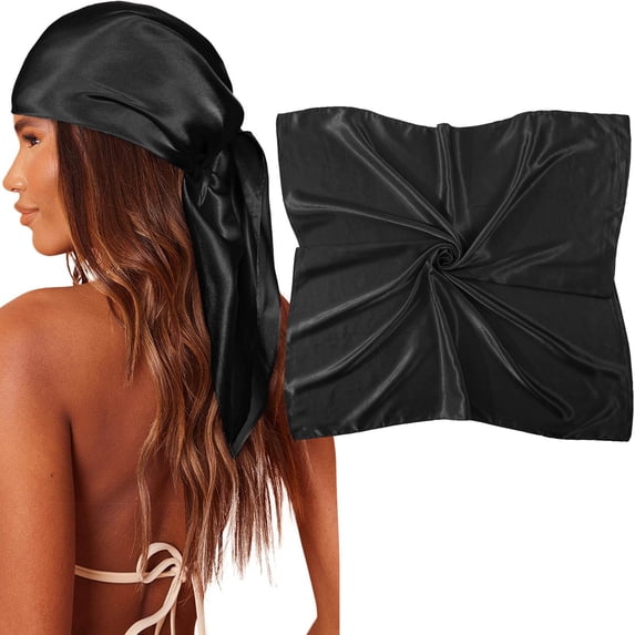 Large Square Satin Head Scarf Silk Hair Bandanas Sleeping Wraps For Women, Black