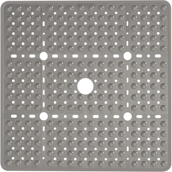 Large Square Shower Mat 27 x 27 Inch Clear Gray, Non Slip Shower Bathtub Mats for Inside Shower with Big Suction Cups Drain Holes, Anti Slip Bathroom Floor Stall Mats, Easy Clean,