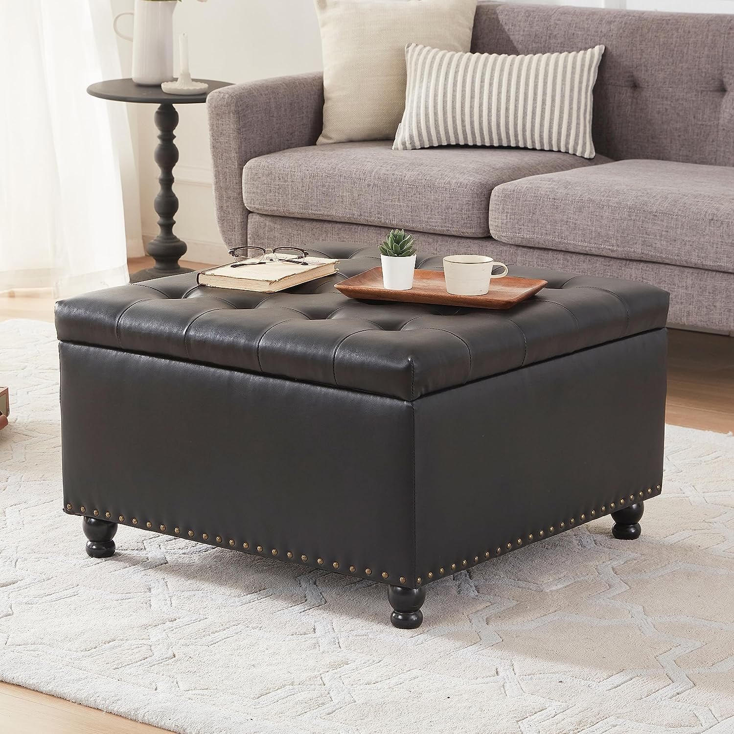 Large Square Storage Ottoman Bench, Tufted Coffee Table Ottoman with
