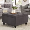 thumbnail image 1 of Large Square Storage Ottoman Bench with Wooden Legs, Linen Fabric Button Tufted Upholstered Coffee Table with Nail Trims, Flip Top Foot Rest Stool for Sofa Couch Bedroom End of Bed, Dark Grey, 1 of 7