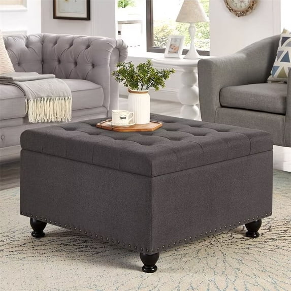 Large Square Storage Ottoman Bench with Wooden Legs, Linen Fabric Button Tufted Upholstered Coffee Table with Nail Trims, Flip Top Foot Rest Stool for Sofa Couch Bedroom End of Bed, Dark Grey