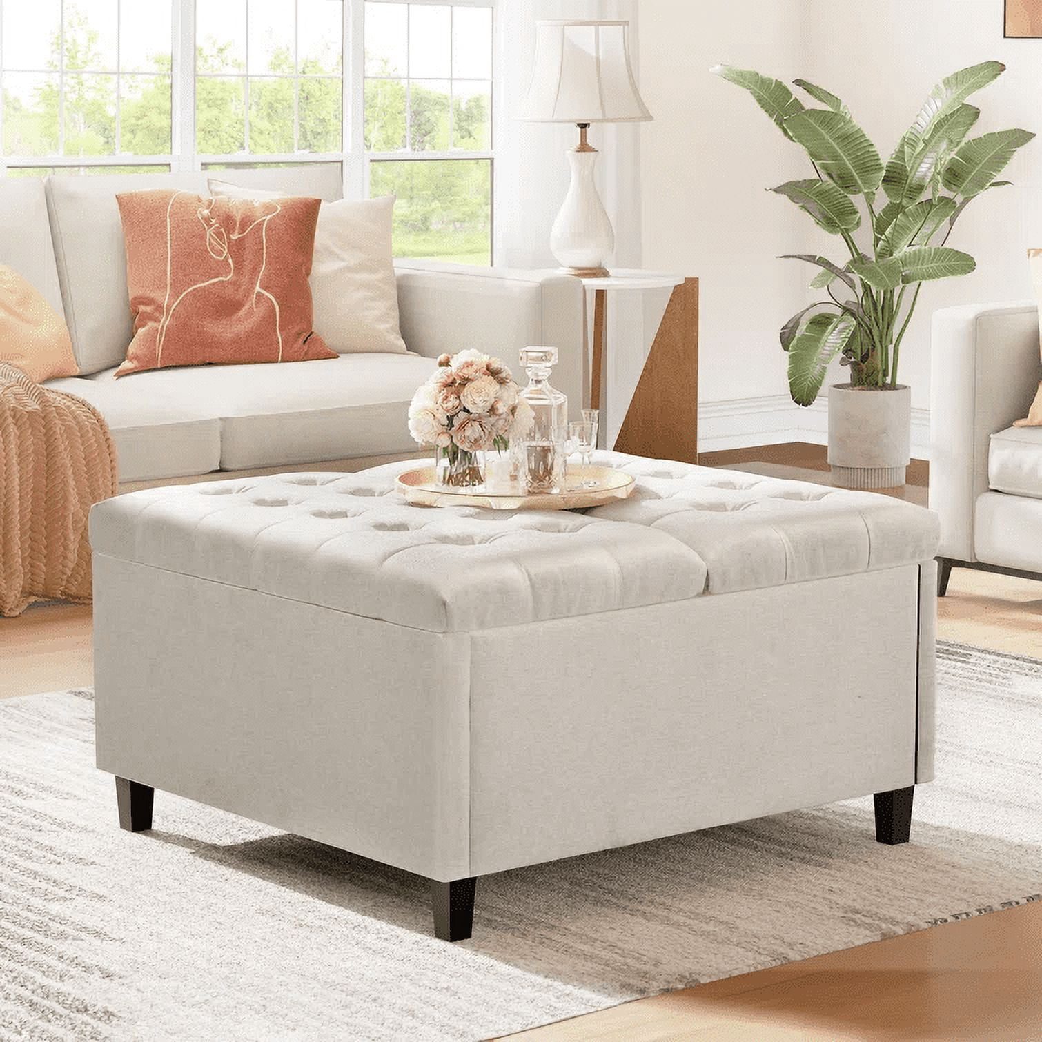 Dextrus Beige Upholstered Ottoman Coffee Table with Storage Box - Large ...