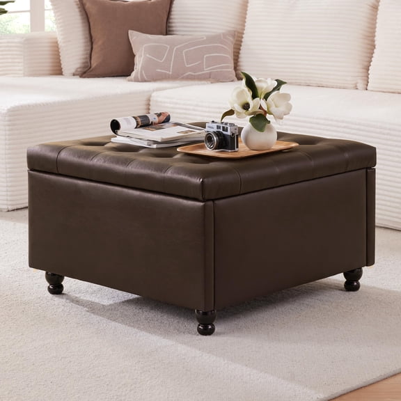 Large Square Storage Ottoman Coffee Table Upholstered Footrest Bench Button Tufted Blanket Organizer Box For Living Room Bedroom Brown Faux Leather
