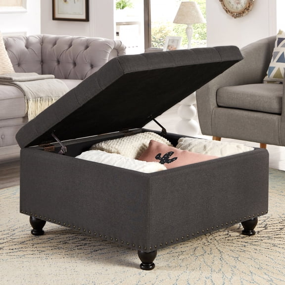 Large Square Storage Ottoman with Wooden Legs, Upholstered Button Tufted Coffee Table with Nailhead Trims, Multi-Functional Storage Bench for Living Room,Dark Gray
