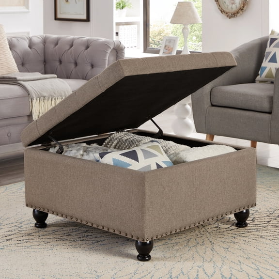 Large Square Storage Ottoman with Wooden Legs, Upholstered Button Tufted Coffee Table with Nailhead Trims, Multi-Functional Storage Bench for Living Room,Gray