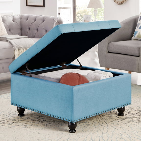 Large Square Storage Ottoman with Wooden Legs, Upholstered Button Tufted Coffee Table with Nailhead Trims, Multi-Functional Storage Bench for Living Room,Light Blue