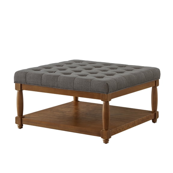 Large Square Tufted Linen Ottoman Coffee Table, Upholstered Footrest with Solid Wood Storage Shelf, Granite Living Room Center Table
