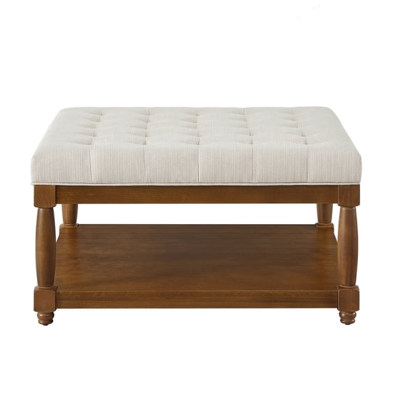 Large Square Tufted Linen Ottoman Coffee Table, Upholstered Footrest with Solid Wood Storage Shelf, Ivory Living Room Center Table