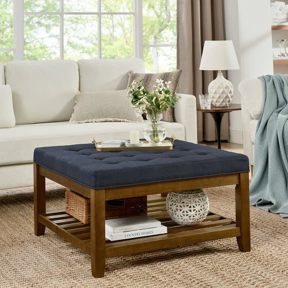 Large Square Upholstered Tufted Linen Ottoman Coffee Table with Beech, Oversized Footrest Ottoman with Solid Wood Shelf and Adjustable Feet for Living Room, Navy Blue