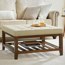 Large Square Upholstered Tufted Linen Ottoman Coffee Table, Large Footrest Ottoman with Solid Wood Shelf(Beige）