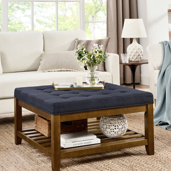 Large Square With Navy Blue Linen Covering, And Beech Wood Frame For Living Room Coffee Table, Constructed On