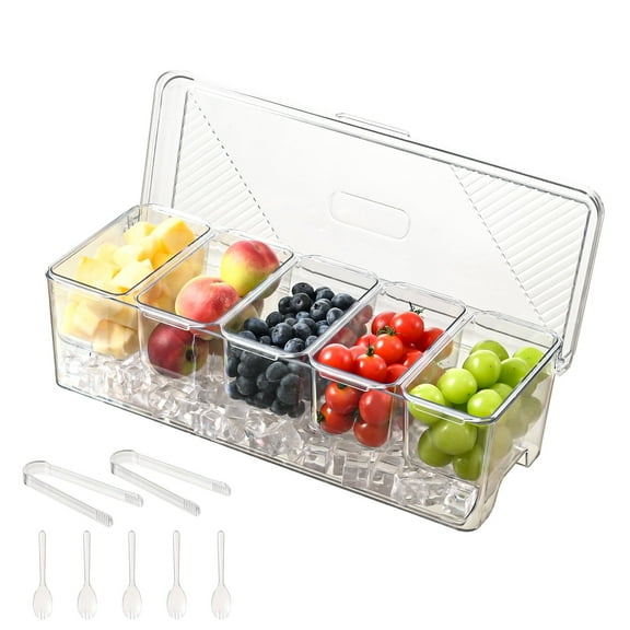Large Stackable Ice Chilled Condiment Server with Lids & Spoons - 5 Compartments for Kitchen, Party, Transparent