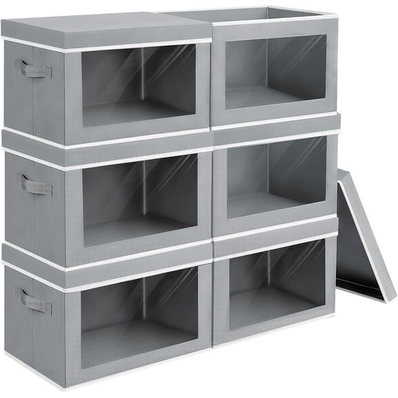 Large Stackable Cube Storage Baskets with Lids and Transparent Fronts 6 Pack Grey XL