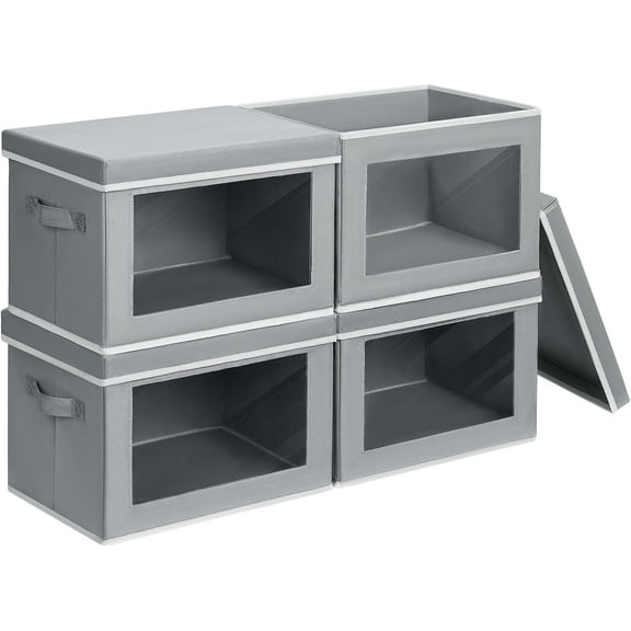 Large Stackable Cube Storage Bins with Clear Windows and Lids 4 Pack Grey XL