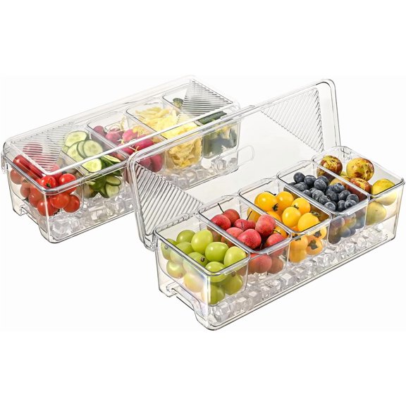 Large Stackable Ice Chilled Condiment Server with Lids & Spoons - 5 Compartments for Kitchen, Party, Transparent 2 pack