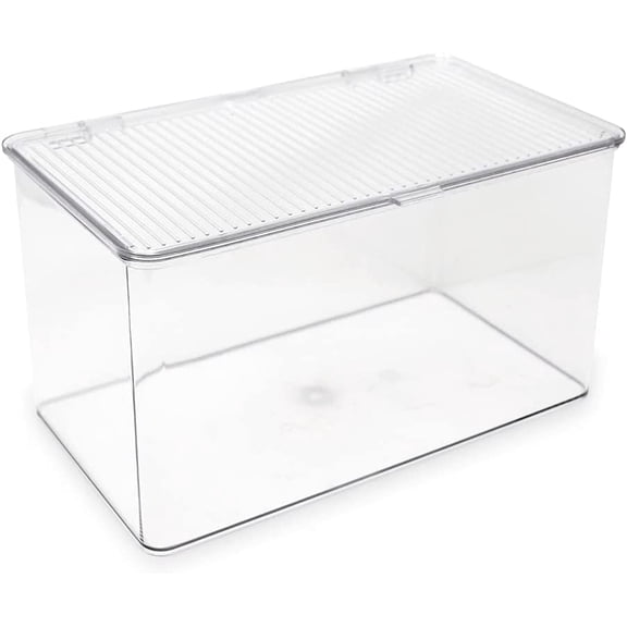 Large Stackable Organizer Bin (10.75 x 6.5 x 6.1) w Hinged Lid Clear Storage Box Home Office School Fridge Bathroom Kitchen Pantry Container BPAFree Food Safe (Large Clear)