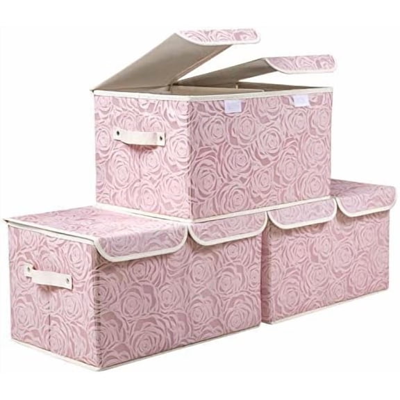 Large Stackable Storage Bins with Lids Fabric Decorative Storage Box Cubes Organizer Containers Baskets with Cover Handles Divider for Bedroom Closet Living Room 17.3x11.8x9.8 Inch 3 Pack