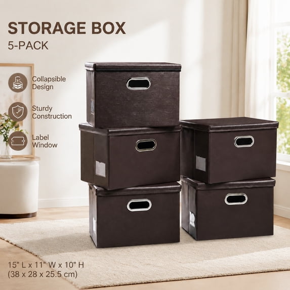 Large Stackable Storage Boxes with Lids, 5-Pack Foldable Leather Fabric ...