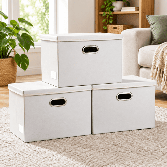 Large Stackable Storbwith Lids [3-pack] Leather Fabric Foldable Boxes ...