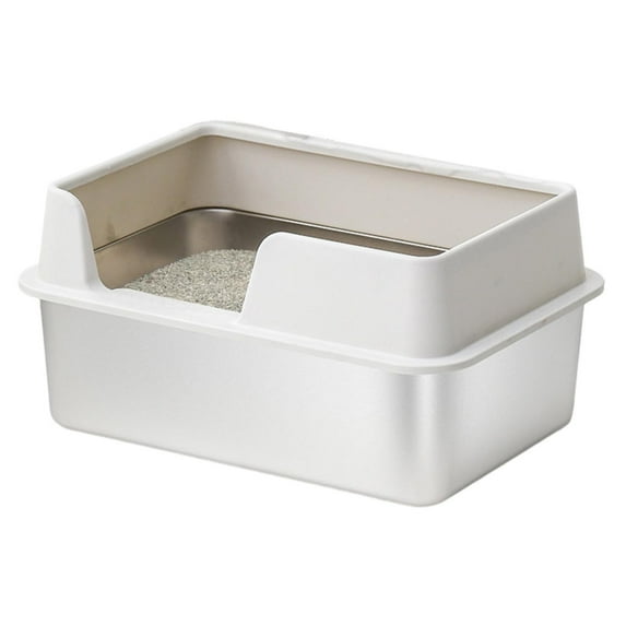 Large Stainless Steel Cat Litter Box with High Rim, Open Top Metal Litter Tray for Mess Control,Deep Pet Potty, Easy to Clean, Practical Easter Decorations for Pet Home, White