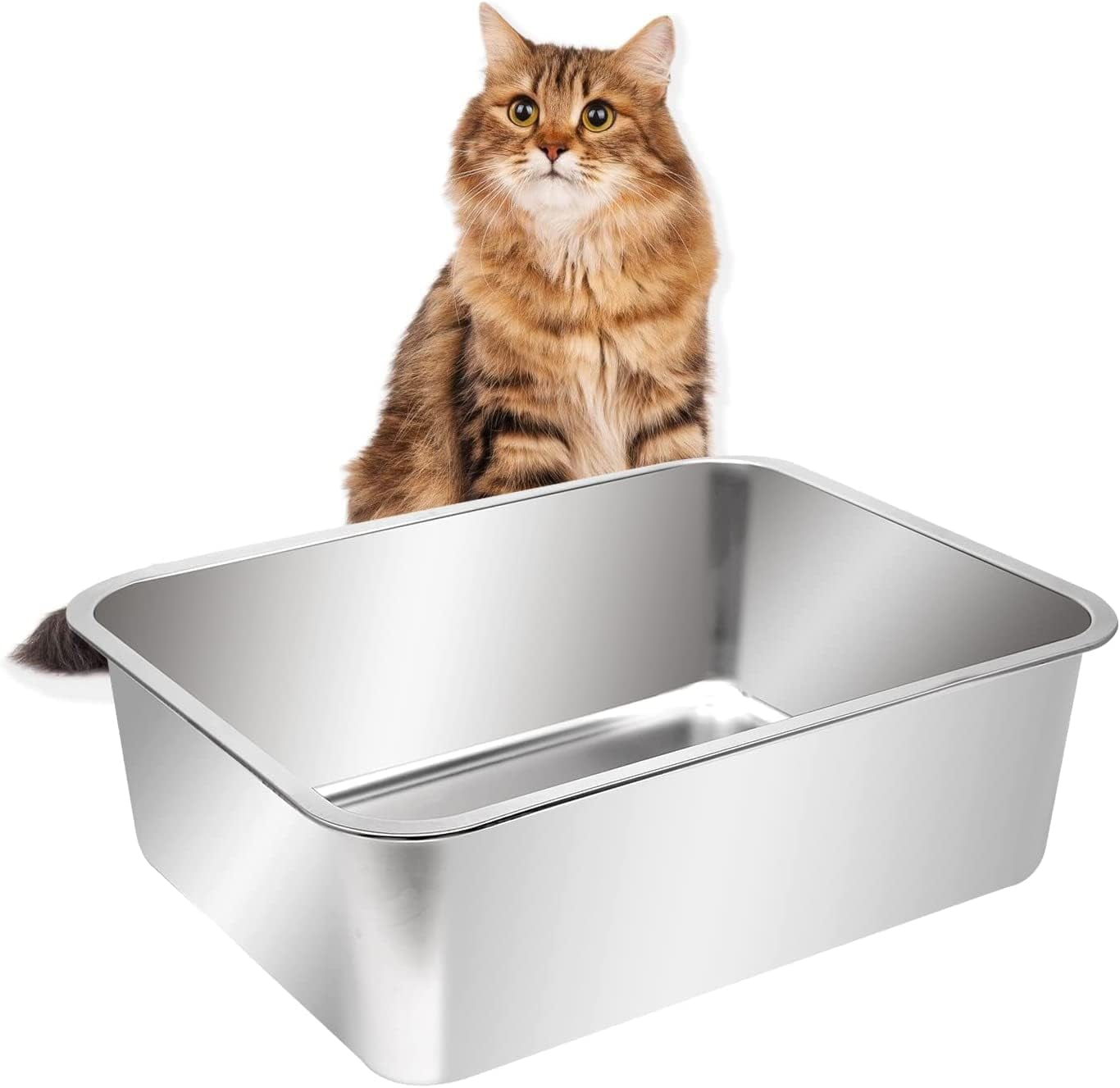 Large Stainless Steel Cat Litter Box with High Sides, Metal Litter Pan