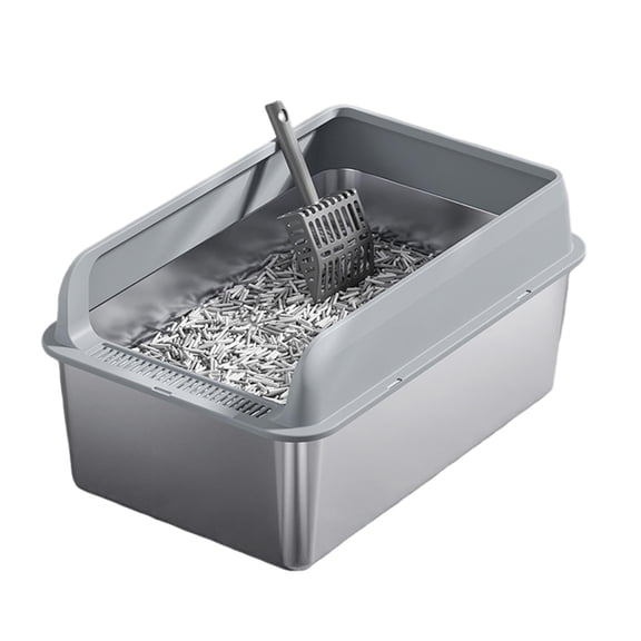Large Stainless Steel Cat Litter Box with Lid – High Sides, XL Metal Pan, Scoop & Double Layer Anti-Leakage Mat, Non-Stick, Odorless Enclosure for Kittens & Big Cats, Gray (60x40x30cm)
