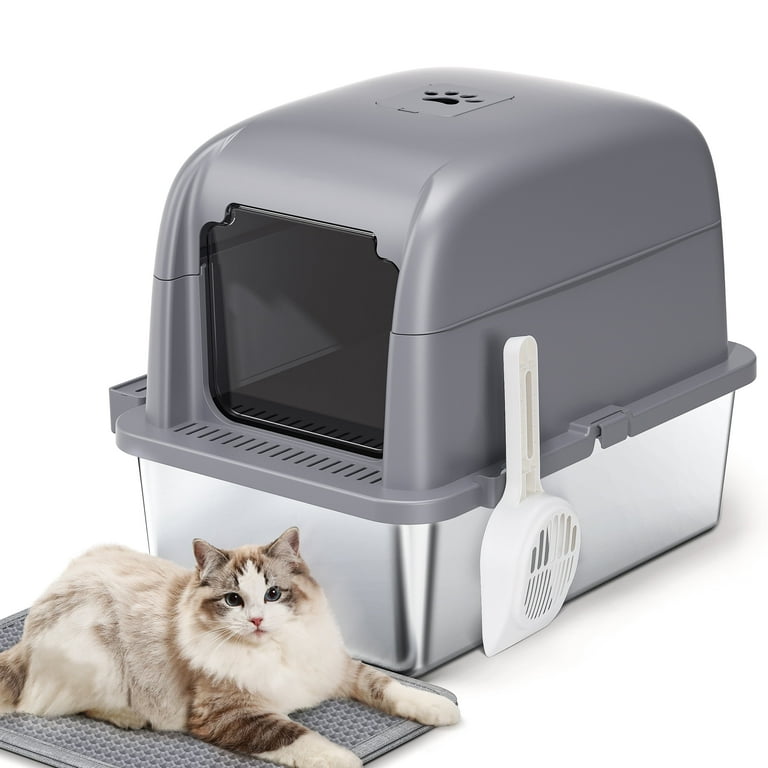 Large Stainless Steel Cat Litter Box with Scoop and Mat Set - Odor, Stain and Rust Resistant, Easy to Clean, Gray