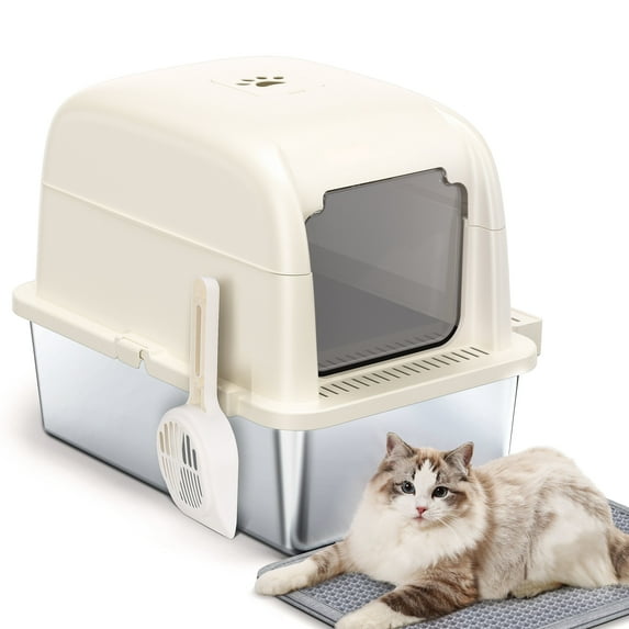 Large Stainless Steel Cat Litter Box with Scoop and Mat Set - Odor, Stain and Rust Resistant, Easy to Clean, White
