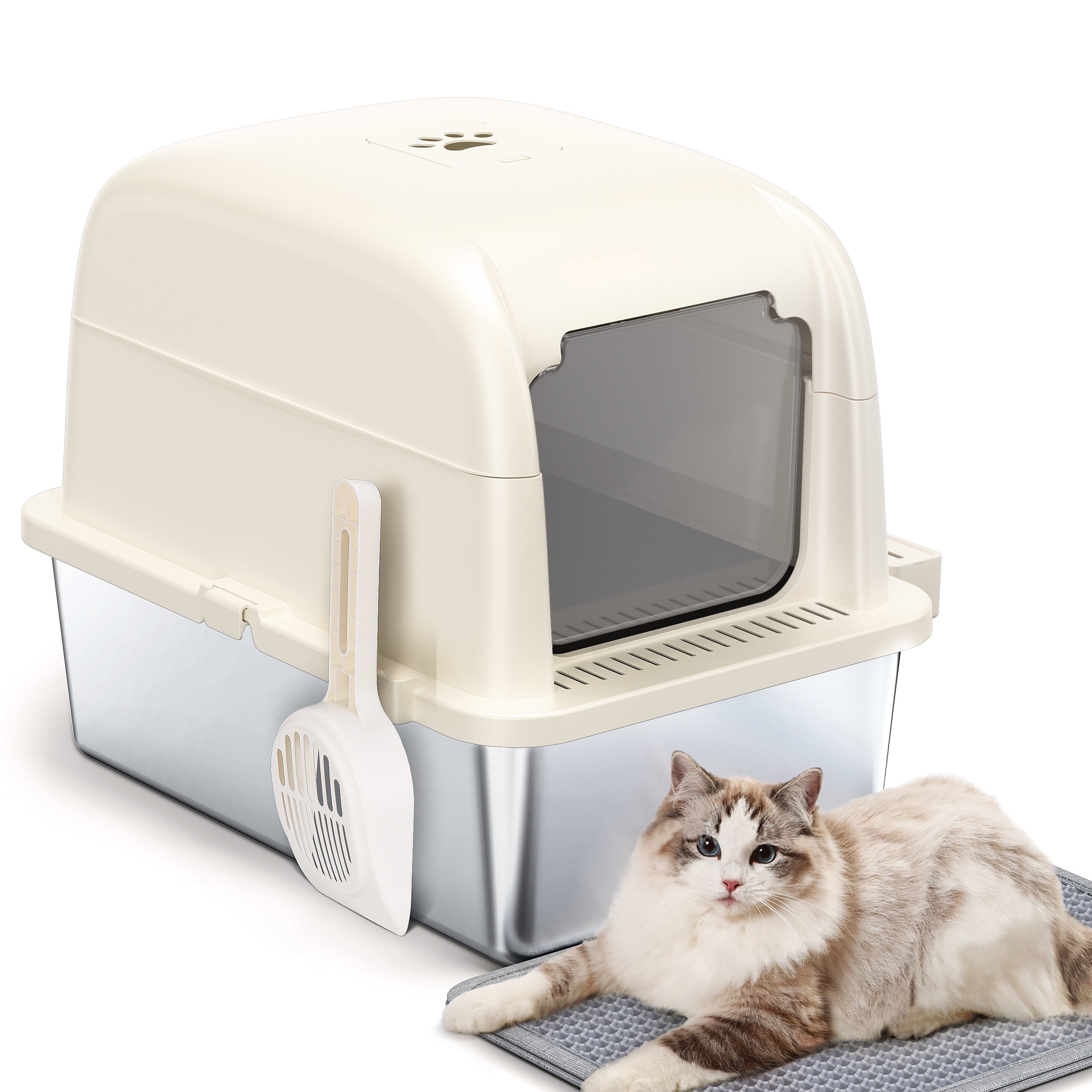 Large Stainless Steel Cat Litter Box with Scoop and Mat Set - Odor, Stain and Rust Resistant, Easy to Clean, White