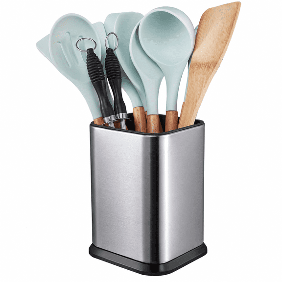 Large Stainless Steel Kitchen Utensil Holder, Rectangular Cooking Tool Organizer and Spatula Caddy for Countertop, Silver