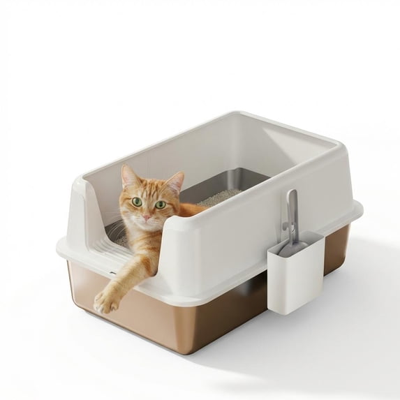 Large Stainless Steel Litter Box with Lid and Scoop, Non-Stick Metal Cat Litter Box with Side Opening, 8'' Deep Splash-Proof & Leak-Proof High Walled Litter Pan, Easy-Clean & Odor-Control