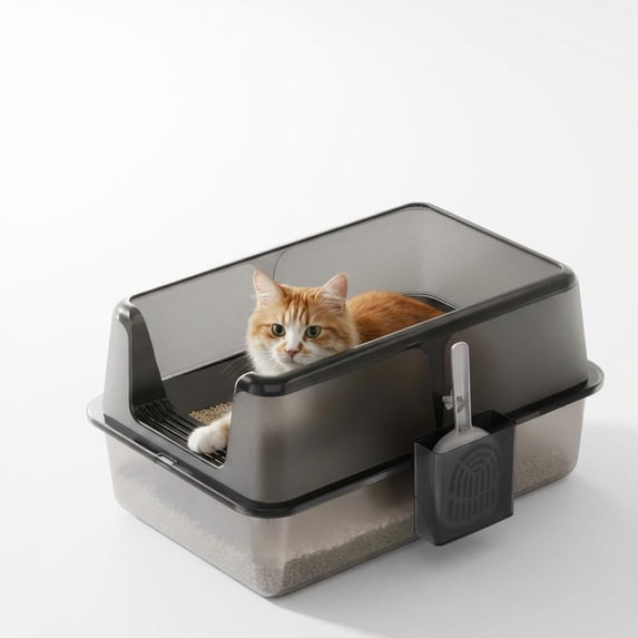 Large Stainless Steel Litter Box with Lid and Scoop, Non-Stick Metal Cat Litter Box with Side Opening, 8'' Deep Splash-Proof & Leak-Proof High Walled Litter Pan, Easy-Clean & Odor-Control