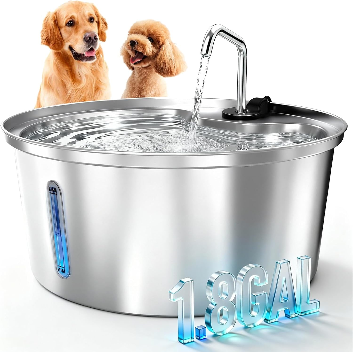 Large Stainless Steel Pet Water Fountain, 7L Capacity with Multi-Filtration System, Quiet Operation, Water Level Window and LED Light