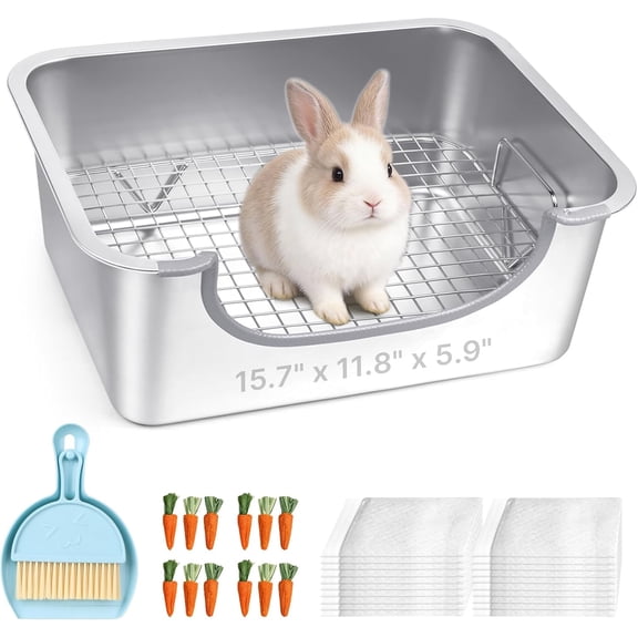 Large Stainless Steel Rabbit Litter Box with Handle - Low Entry Bunny Litter Box for Adult Guinea Pigs, Chinchillas - Includes Pee Pads, Cleaning Set & Chew Toys (15.7" x 11.8" x 5.9")