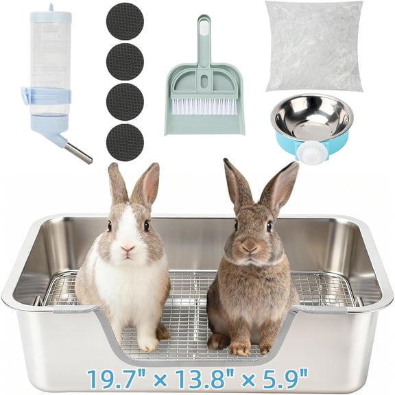 Large Stainless Steel Rabbit Litter Box with Sifting Tray, Steel Grids Bunny Litter Box, Rabbit Potty Pan for Adult Guinea Pigs, Chinchillas, Ferrets, Squirrels, Easy to Clean, Odor Control