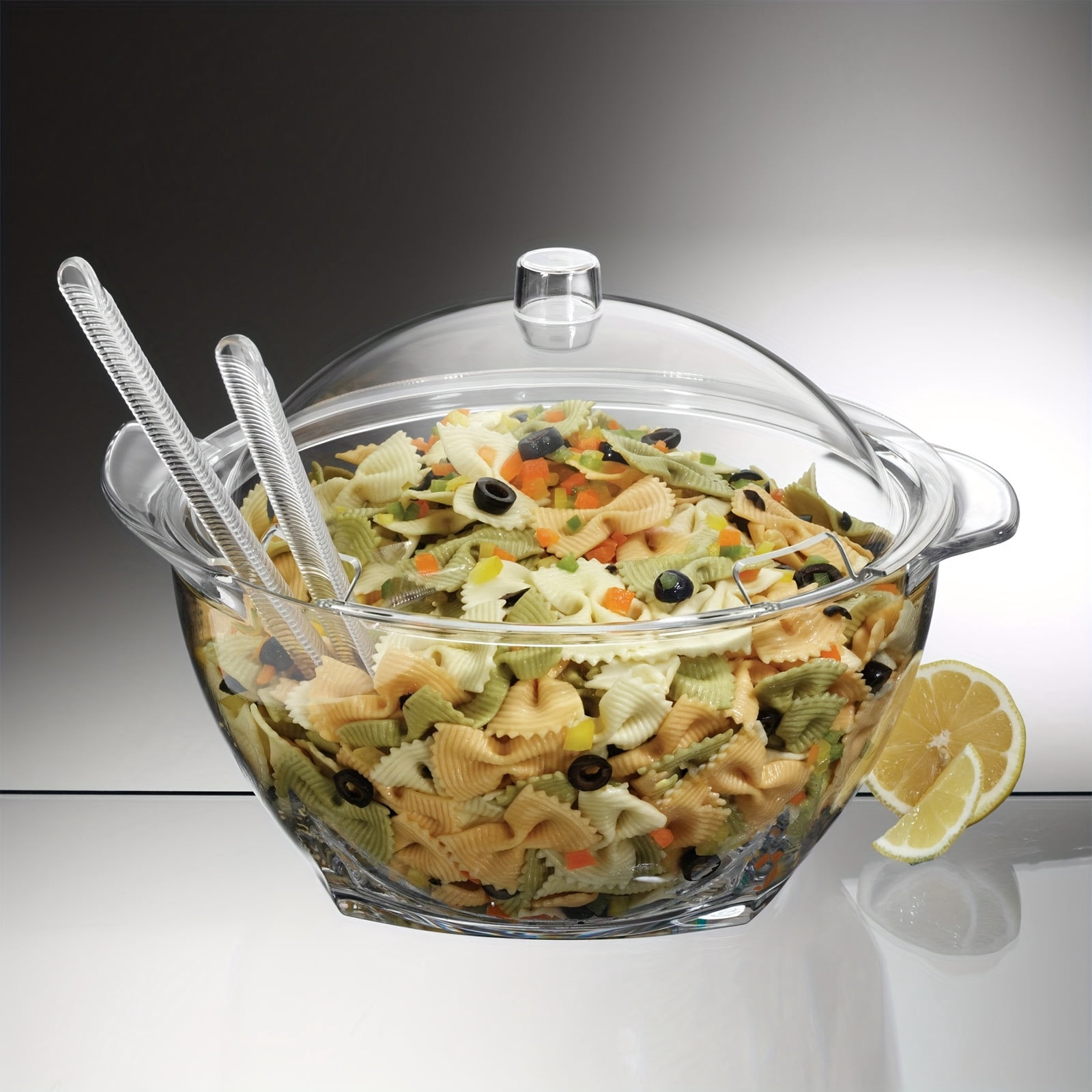 MEHOEIME 6-Quart Clear Acrylic Salad Bowl With Ice Chiller Base & Lid - Stainless Steel Stand, Includes 2 Long Spoons, Dishwasher Safe