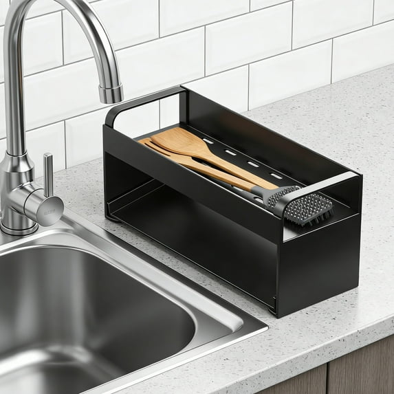 Large Stainless Steel Sink Side Organizer Rack Countertop Sponge and Dish Brush Holder with Draining Tray for Kitchen Faucet Area Rust-Resistant and Easy to Clean Metal Storage Caddy