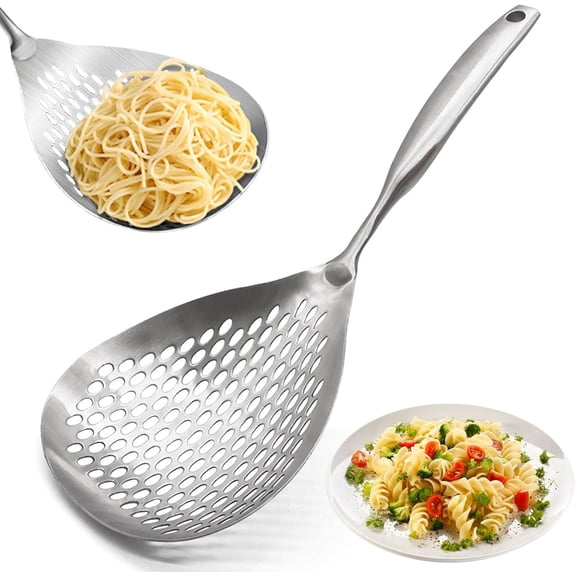 Large Stainless Steel Strainer, Skimmer Slotted Spoon, Metal Single-Piece Design Slotted Spoons with Comfort Handle and Hanging Holes Skimmer Strainer for Cooking and Frying Draining