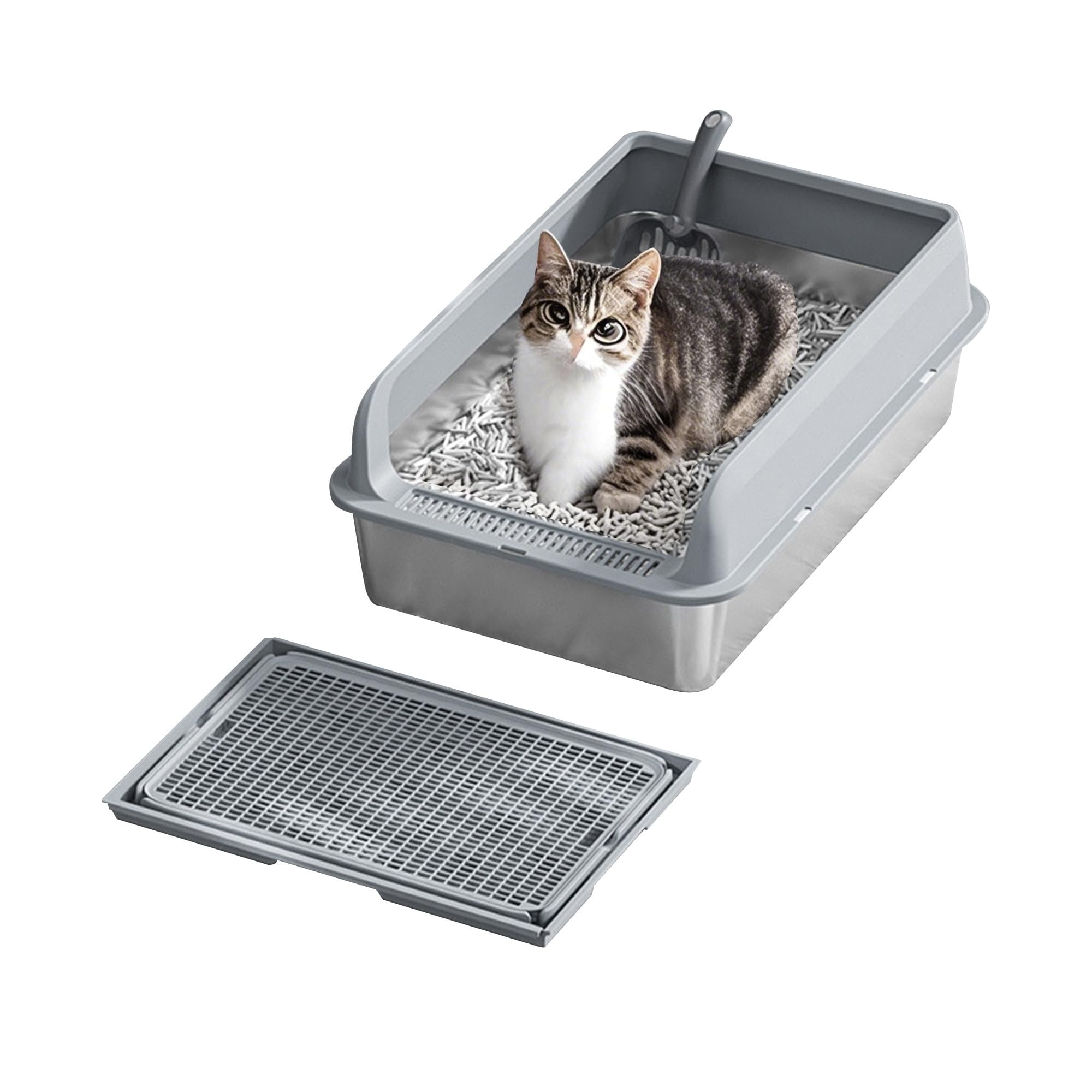 Large Stainless Steel Top Entry Cat Litter Box with PP Cover & Anti-Track Mat, Super Size 60x40x25cm, Prevents Splatter & Scatter, Easy to Clean, for Multiple Cats,Light Grey