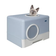 Large Standard Enclosed Cat Litter Box with Lid Cover, Odorless Drawer Type Cat Litter Box, Top Entry Cat Litter Box with Lid, Front Entry Top Exit Door Kitty Litter Pan Easy Cleaning and Scoop, Blue