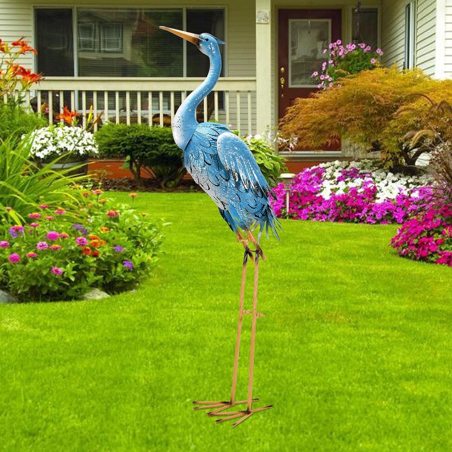 Large Blue Metal Crane Garden Statue for Indoor/Outdoor