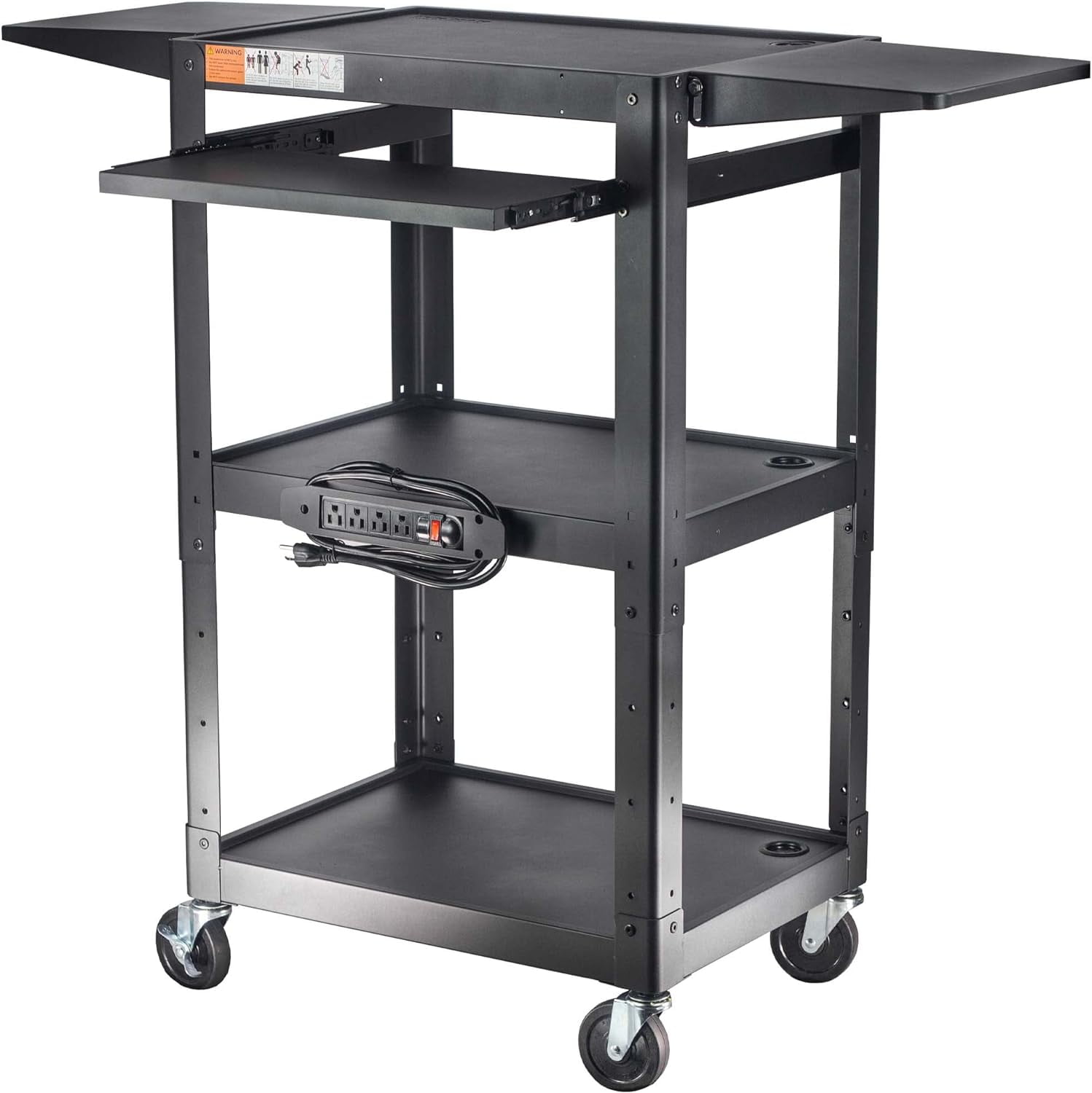 Large Steel Rolling Cart With Power And Drop Leaves Height Adjustable Metal AV Cart With