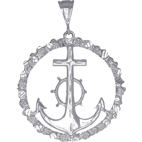 Large Sterling Silver Anchor Cross Nugget Style Pendant Necklace 2.7 Inches 14 Grams with Diamond Cut Finish and 24 Inch Figaro Chain