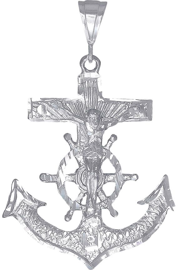 Large Sterling Silver Anchor Cross with Jesus Pendant Necklace 2.9 Inches 15.5 Grams with Diamond Cut Finish and 24 Inch Figaro Chain