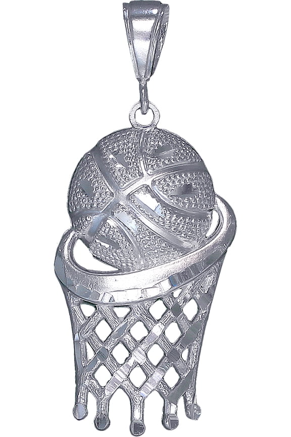 Large Sterling Silver Basketball Hoop Charm Pendant Necklace 2.2 Inches 6 Grams with Diamond Cut Finish and 24 Inch Figaro Chain