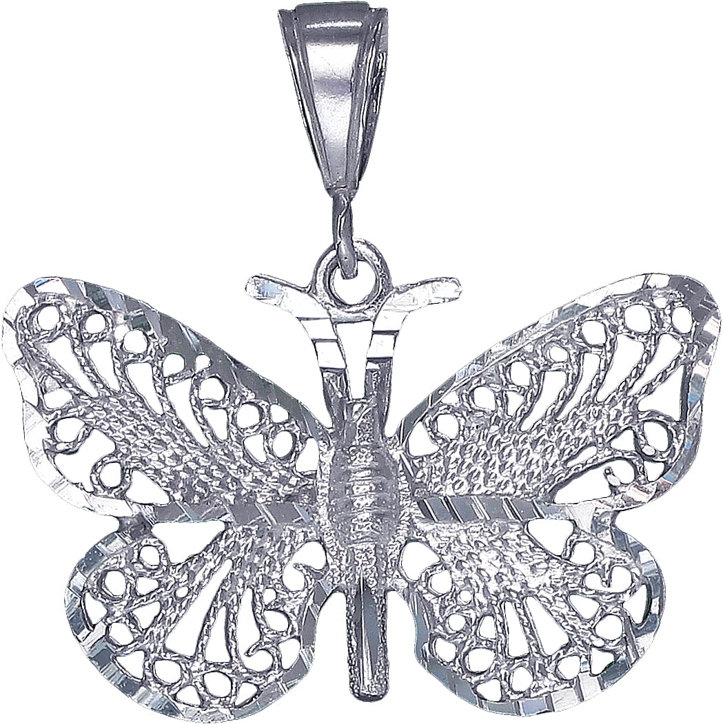 Large Sterling Silver Butterfly Charm Pendant Necklace with Diamond Cut Finish and 18 Inch Rolo Chain