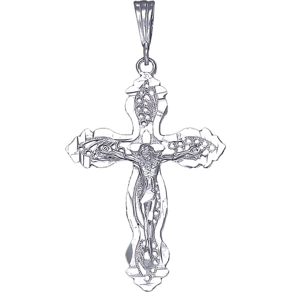 Large Sterling Silver Cross with Jesus Pendant Necklace with Diamond Cut Finish
