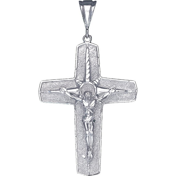 Large Sterling Silver Cross with Jesus Pendant Necklace with Diamond Cut Finish