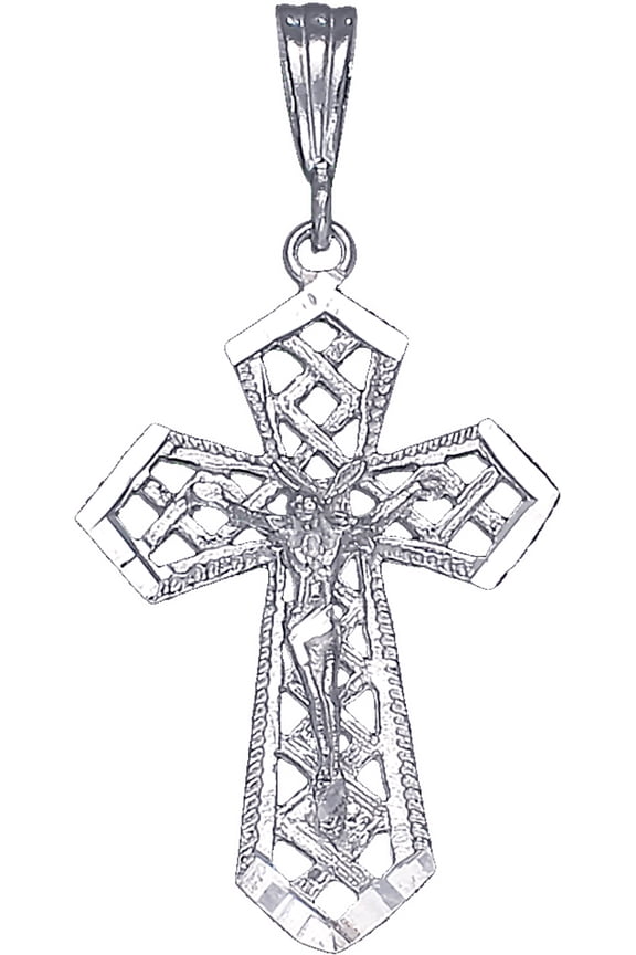 Large Sterling Silver Cross with Jesus Pendant Necklace with Diamond Cut Finish