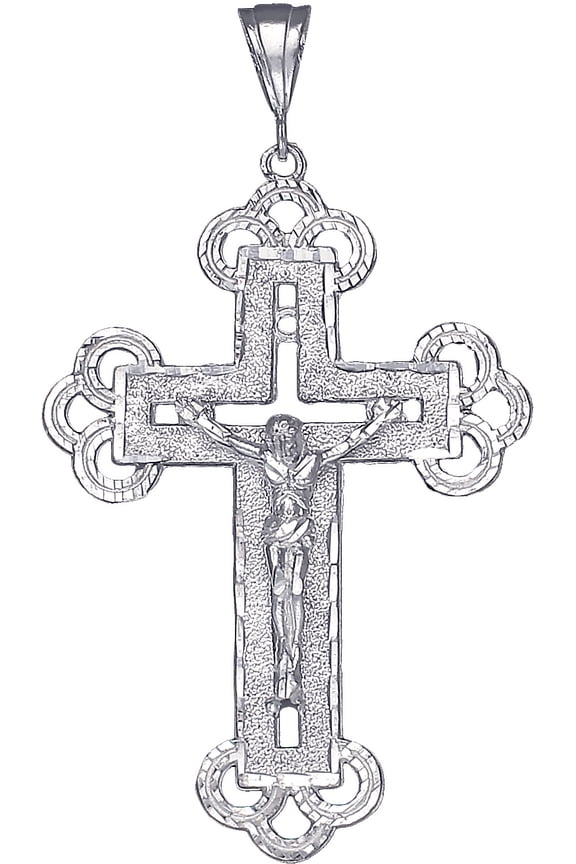 Large Sterling Silver Cross with Jesus Pendant Necklace with Diamond Cut Finish